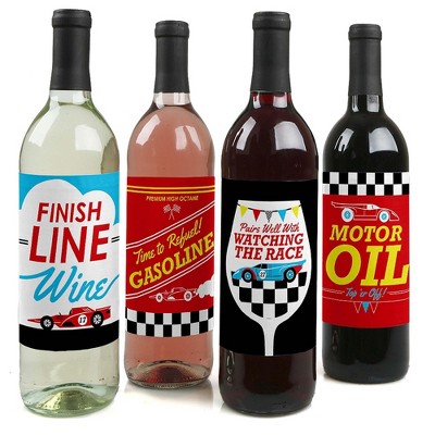 Big Dot of Happiness Let's Go Racing - Racecar Decorations for Women and Men - Race Car Party Wine Bottle Label Stickers - Set of 4