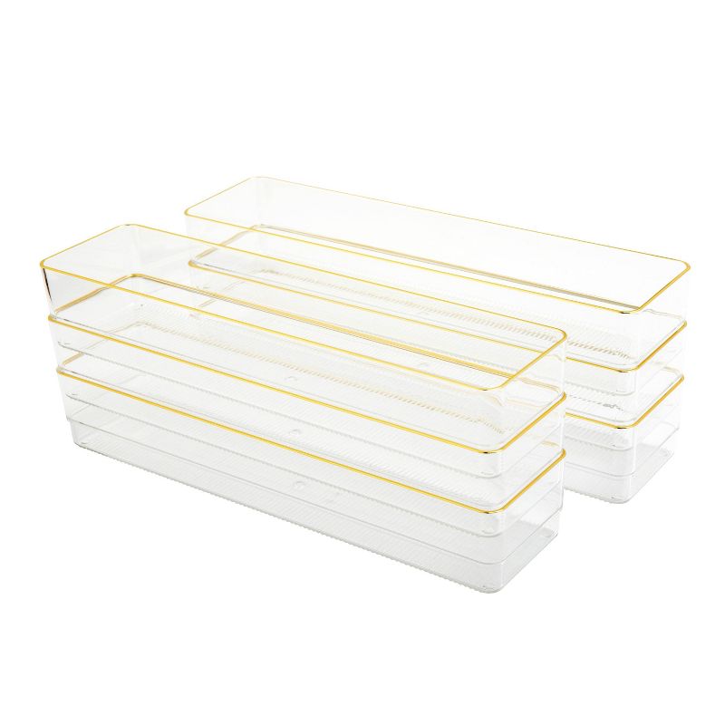 Martha Stewart 12&#34; x 3&#34; 6pc Plastic Stackable Office Desk Drawer Organizers with Gold Trim Clear, 6 of 11