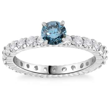 Pompeii3 1 1/3Ct Blue & White Diamond Eternity Engagement Ring 14k White Gold