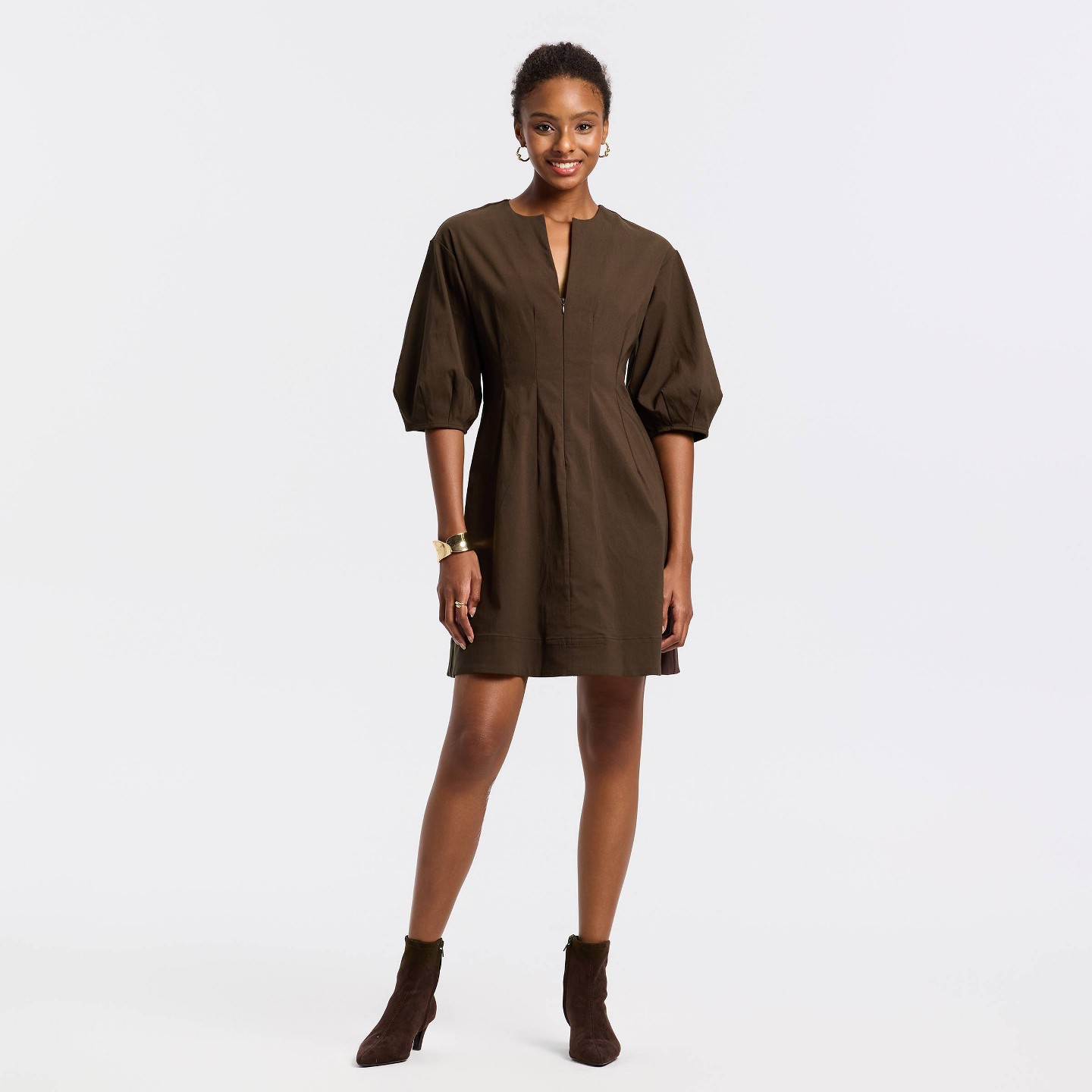 Женское платье A New Day Balloon Elbow Sleeve Mini A-Line, цвет: Коричневый — фото 3