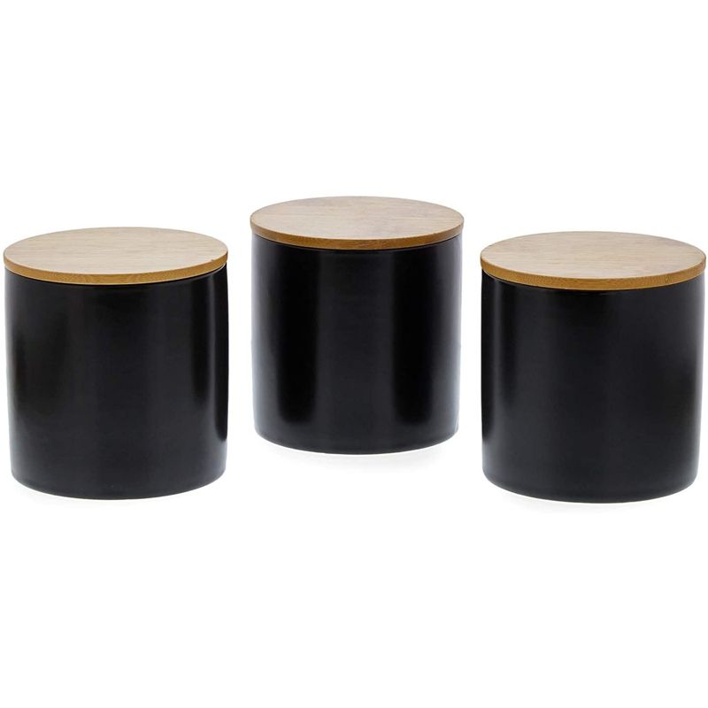 Juvale 3 Pack Ceramic Kitchen Canisters with Bamboo Lids for Countertop, Pantry Organization & Storage, Black, 4 x 4.13 in, 4 of 10