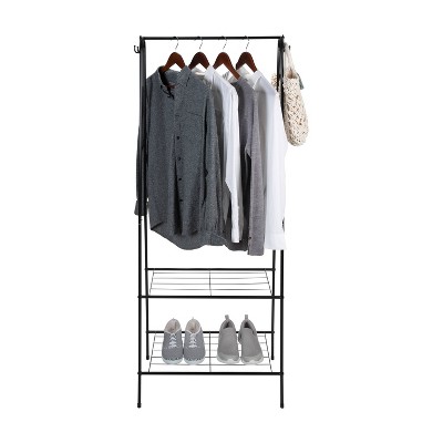Black Metal Freestanding Clothing Rack with Shelves and Hooks