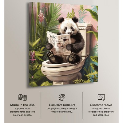 Whimsical Panda Reading Newspaper Tropical Canvas Wall Art, 20" x 16"