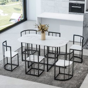Kumasinova Modern 7-Piece Dining Table Set with Faux Marble, 55" Semi-Circular Table with 6 Triangular Chairs, Kitchen Table Set for 6 - 1 of 4