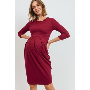 Hello Miz Women's 3/4 Sleeve Round Neck Front Pleat Maternity Dress - 1 of 4