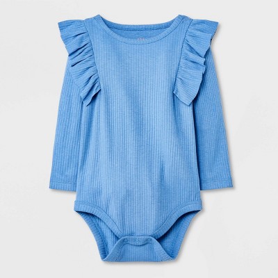 Baby Girls' Ribbed Ruffle Long Sleeve Bodysuit - Cat & Jack™ Blue Newborn