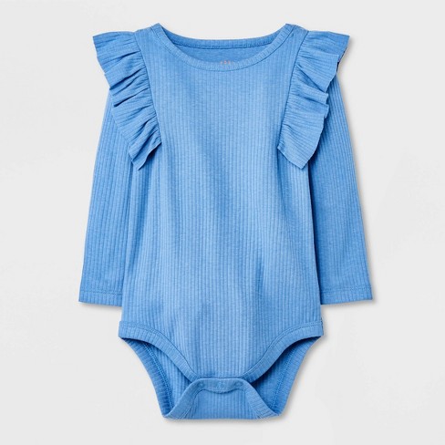Baby Girls' Ribbed Ruffle Long Sleeve Bodysuit - Cat & Jack™ Blue : Target