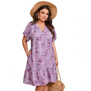 YESFASHION Women Plus Size Mini Dress Floral Casual Dress Short Sleeve Button Dress Ruffle V Neck Summer Dress - 1 of 4