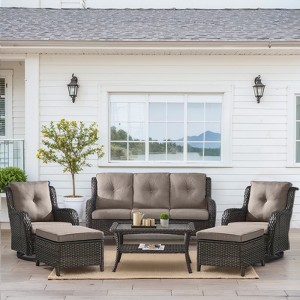 Buenhomino Wicker Outdoor Patio Furniture Set - 6 Piece Patio Conversation Set with Swivel Rocker Chairs, Rattan Sofa, Ottomans and Coffee Table - 1 of 4