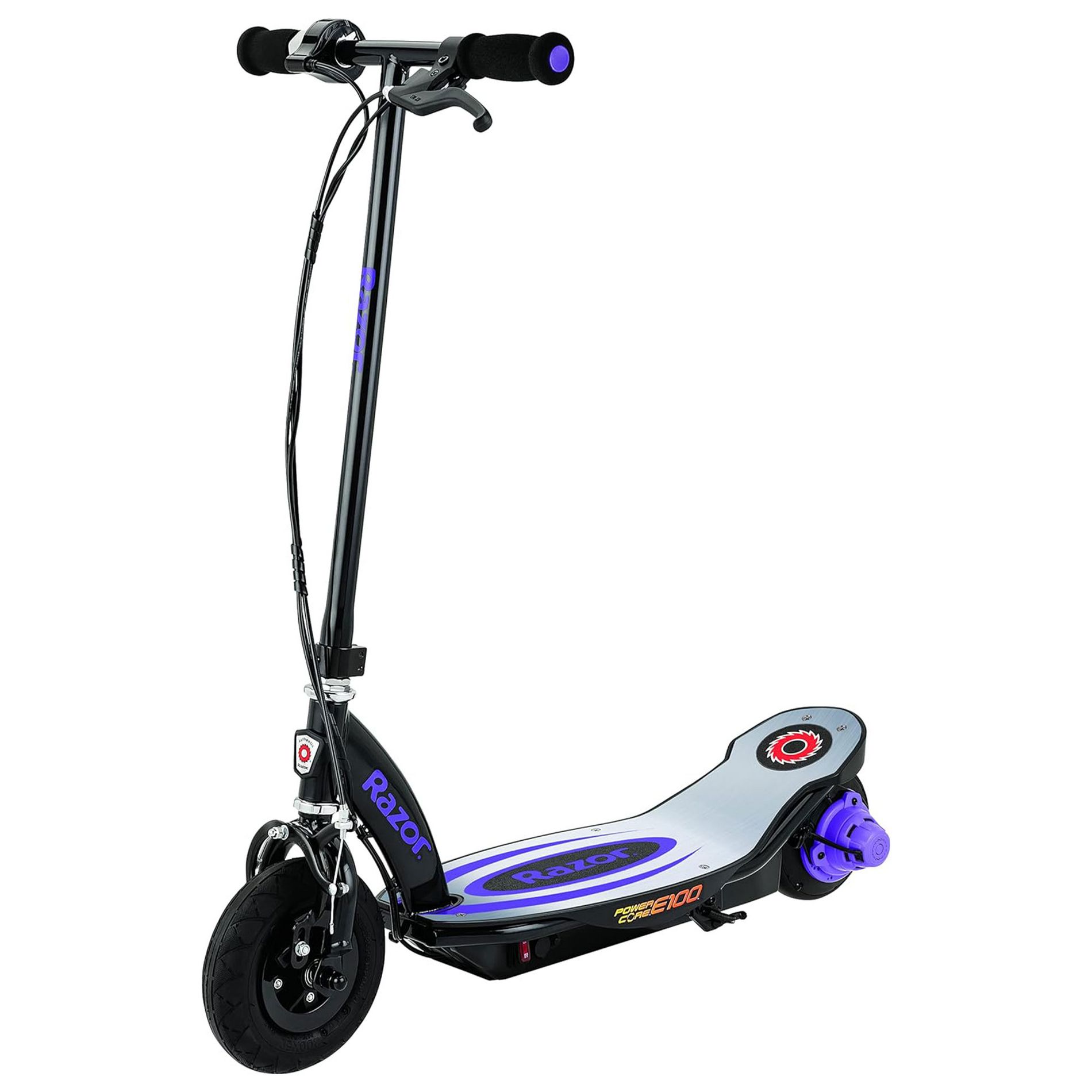 Razor Power Core E100 Electric Scooter with Aluminum Deck for Kids Ages 8+, 120 lb Weight Capacity, Purple – 11 Mph, 60-Min Ride Time, Pneumatic Tire
