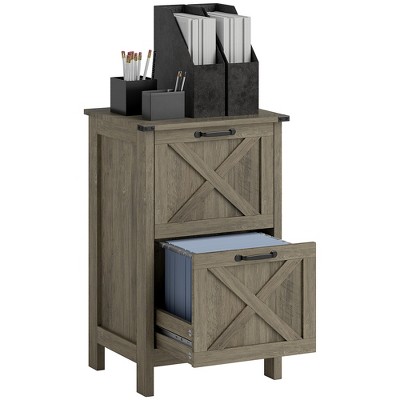 HOMCOM 2 Drawer Vertical File Cabinet with Silent Slides, Farmhouse Filing Cabinet with Barn Doors for A4/Letter Size, Printer Stand, Distressed Gray