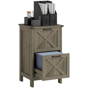 HOMCOM 2 Drawer Vertical File Cabinet with Silent Slides, Farmhouse Filing Cabinet with Barn Doors for A4/Letter Size, Printer Stand, Distressed Gray - 1 of 4