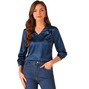 INSPIRE CHIC Women's V Neck 3/4 Sleeve Casual Office Work Satin Blouses - 1 of 4