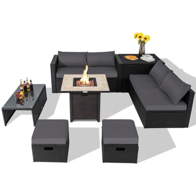 Tangkula 9 Pieces Outdoor PE Rattan Wicker Sectional Sofa with 42" Gas Fire Pit Table Space-Saving Patio Conversation Set with Storage Box Black/Grey/Navy/Red/Turquoise/Off White