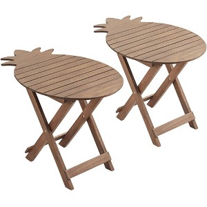 Teal Island Designs Farmhouse Rustic Acacia Wood Outdoor Accent Tables 21" x 19" Set of 2 Natural Oil Folding Slat Pineapple Tabletop for Spaces Patio - 1 of 4