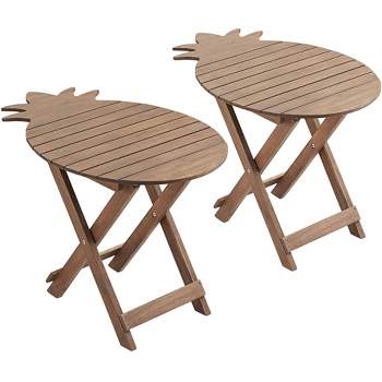Teal Island Designs Farmhouse Rustic Acacia Wood Outdoor Accent Tables 21" x 19" Set of 2 Natural Oil Folding Slat Pineapple Tabletop for Spaces Patio