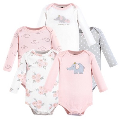 Image of Hudson Baby Infant Girl Cotton Long-Sleeve Bodysuits, Pink Gray Elephant 5-Pack, 3-6 Months
