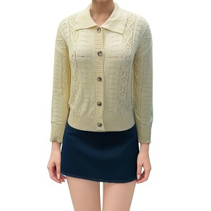 Women’S Chunky Knit Wool Sweater Jacket Long Sleeve V-Neck Thick Casual Loose Hollow Out Knitted Cardigan Coat - 1 of 1