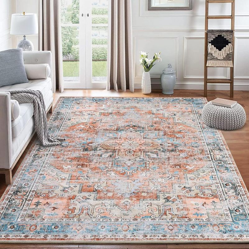 Boho Area Rug Washable Distressed Oriental Print Floor Carpet Vintage Persian Rug, 2 of 9