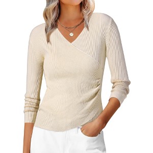 INSPIRE CHIC Women's V-Neck Knitted Ruched Button Decor Long Sleeve Slim Fit T-shirt - 1 of 4