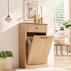 Tilt-Out Trash Cabinet, Hidden Trash Can with 10 Gallon Storage, Wooden Hidden Garbage Can Cabinet with Drawer for Kitchen & Living Room - 1 of 4