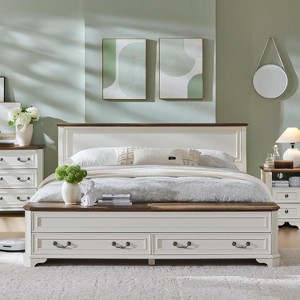 SinCiDo Farmhouse Bed, with an 80" Storage Cabinet, 2 Large Storage Drawers, & Bed Frame Equipped with a Headboard and Storage Stool, Antique White - 1 of 4