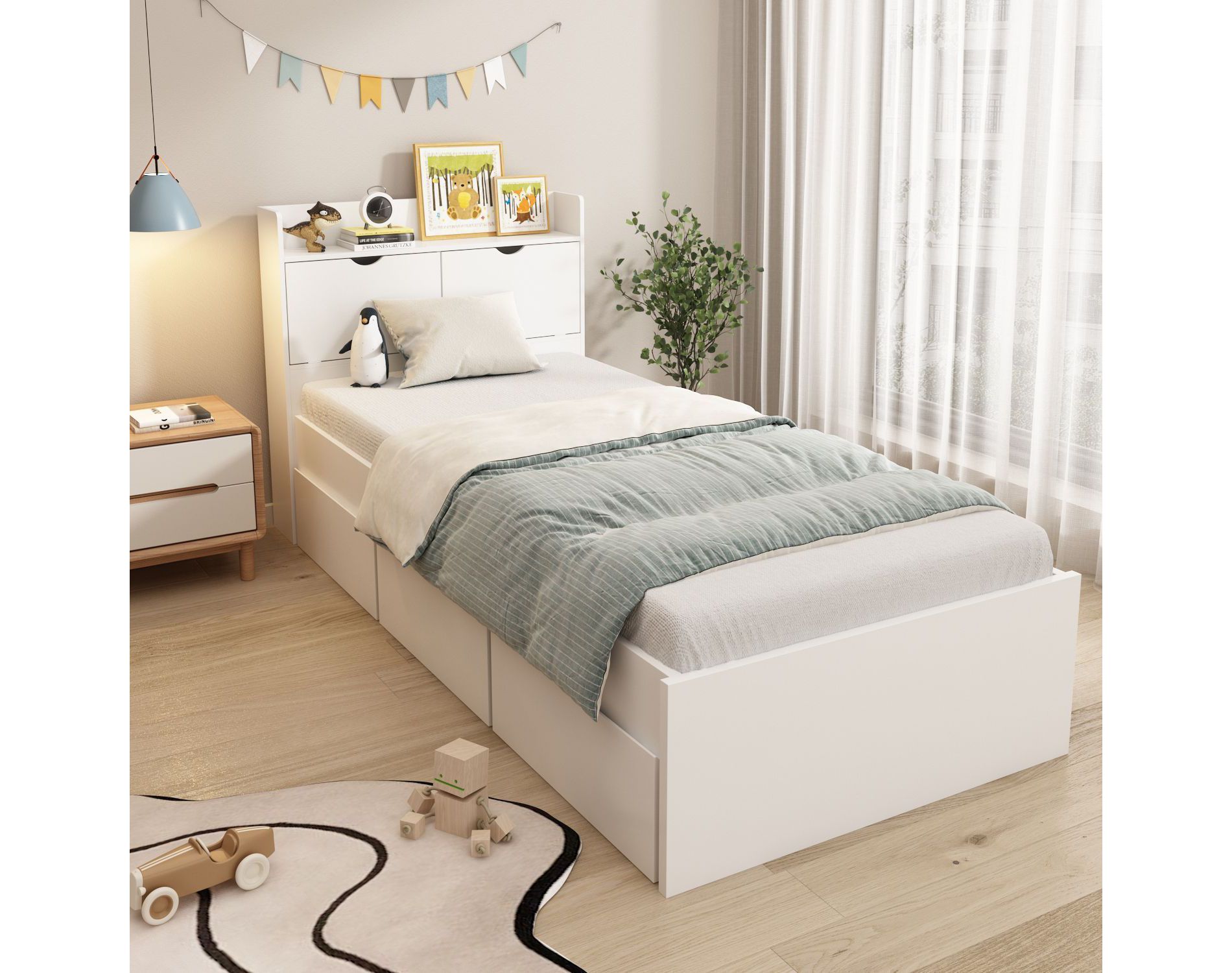 FUFU&GAGA White Twin XL Toddler Bed with Storage Drawers