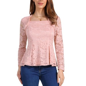 Allegra K Women's Lace Square Neck Long Sleeve Stertch Elegant Casual Peplum Blouse - 1 of 4