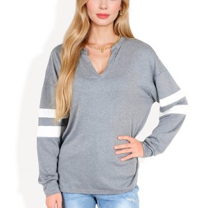 Anna-Kaci Women's V-Neck Pullover with Contrast Sleeve Stripes - 1 of 4