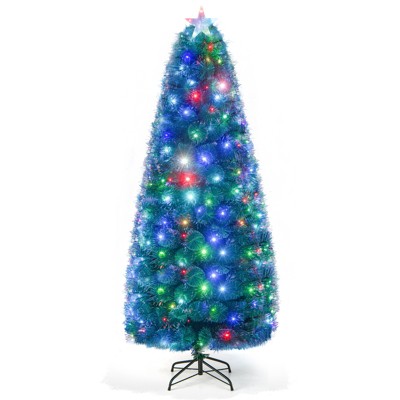 Tangkula 5/6/7FT Pre-lit Fiber Optic Christmas Tree Artificial Xmas Tree with 148/185/226 Multi-Color LED Lights Snowy Pine Needles & Top Star Light
