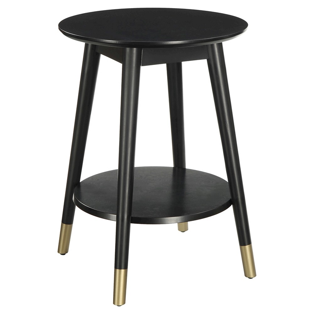 Breighton Home Wilson Mid-Century Modern Round End Table with Shelf Black: Flared Legs & Gold Tips