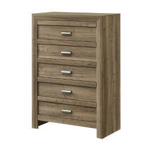 31.5" Wood Tall Chest with 5 dressers and Brushed Metal Pulls, Contemporary Style, Light Brown Warm Wood Finish - 1 of 4