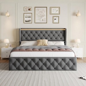 coucheta LED Platform Bed Frame with Charging Station, Velvet Upholstered High Button Wingback Headboard - 1 of 4