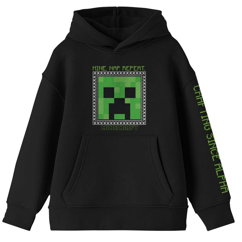 Minecraft Creeper Face Long Sleeve Black Youth Hooded Sweatshirt, 1 of 4