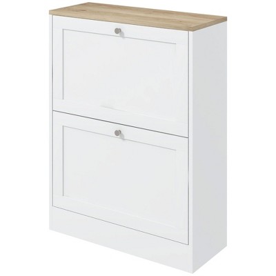 Munora Slim Shoe Storage Cabinet with 2 Flip Drawers & Adjustable Shelves for 12 Pairs, White & Light Oak