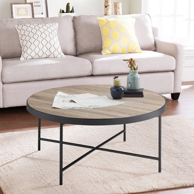 Vynxaria Industrial Coffee Table - Weathered Grey Oak & Black, Round Wooden Top with Metal Trim, X Crossbar Support