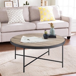 Vynxaria Industrial Coffee Table - Weathered Grey Oak & Black, Round Wooden Top with Metal Trim, X Crossbar Support - 1 of 4