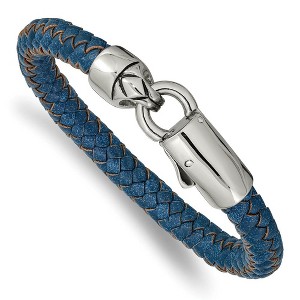 Black Bow Jewelry 8mm Stainless Steel & Black or Blue Leather Woven Bracelet, 8.25 Inch - 1 of 4
