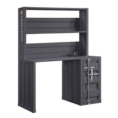 Sleek Gunmetal Black Computer Desk with Hutch and Power Outlet