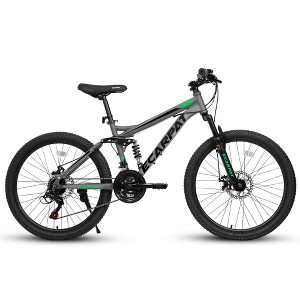 Okak 24 Inch Carbon Steel Mountain Bike with Full Suspension, Mens Bike with 21 Speed Shifter Lever and Disc Brakes, Bicycle for Kids&Adults - 1 of 4