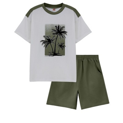 Boy Casual Summer T-Shirt and Shorts Sets Hawaiian Outfit Kid Leaves Prinfted Short Sleeve Shirt Top shorts Suits