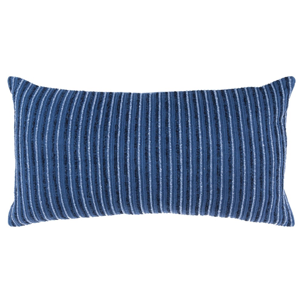 14"x26" Oversized Solid Striped Poly Filled Lumbar Throw Pillow Navy Blue - Rizzy Home: Cotton Canvas, Indoor Use, Hidden Zipper