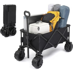 VINGLI Collapsible Wagons Carts, Heavy Duty Foldable Utility Garden Grocery Shopping Cart with Big All-Terrain Beach Wheels & Drink Holders, Black - 1 of 4