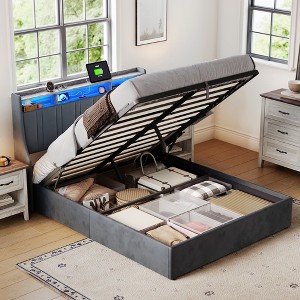 Lift Up Storage Bed Frame, Upholstered, with Headboard, LED Lights & Charging Station Gray 57.5''*45.3''*82.3'' - 1 of 4