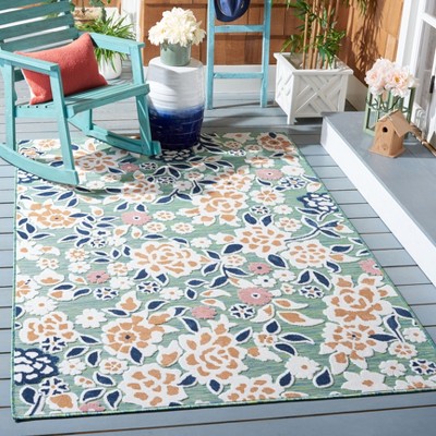 Green and Navy Floral Synthetic 4' x 6' Reversible Area Rug