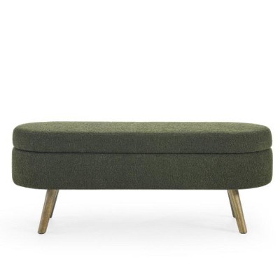 Vynxaria 43.5" Green Oval Storage Ottoman Bench - Multi-Functional Footstool Seat, Rubber Wood Legs, Home Decor for Living Room Bedroom