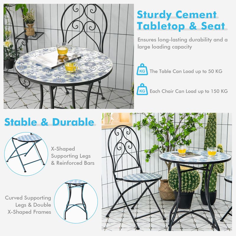 Tangkula 2PCS Outdoor Mosaic Folding Bistro Chairs Patio Chairs with Ceramic Tiles Seat and Exquisite Floral Pattern Blue Seat, 4 of 8