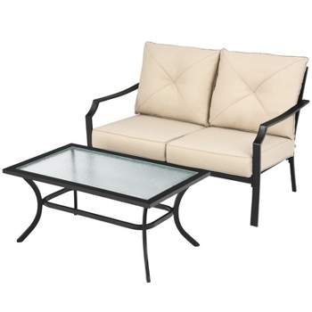 Tangkula 2PCS Patio Loveseat & Coffee Table Set Outdoor Cushioned Sofa for Garden Backyard