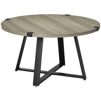 HOMCOM Round Coffee Table, Accent Center Table Steel Legs Living Room Furniture, Wooden Coffee Table, Light Gray