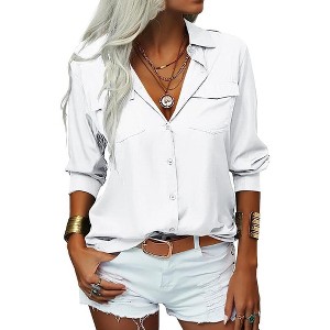 Imily Bela Women's Elegant Solid Lapel Long Sleeve Button Down Shirt Versatile Casual Basic Office Blouse - 1 of 4